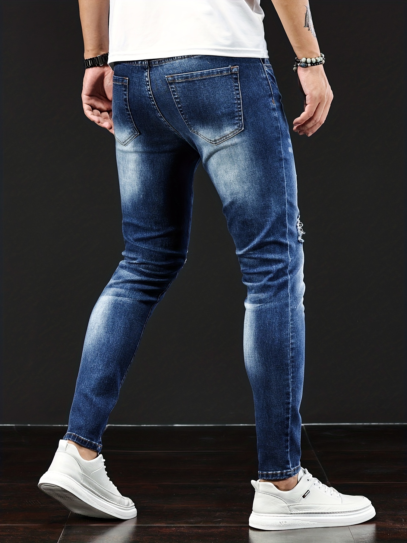 Slim Fit Ripped Jeans, Men's Casual Street Style Distressed Medium Stretch Denim Pants