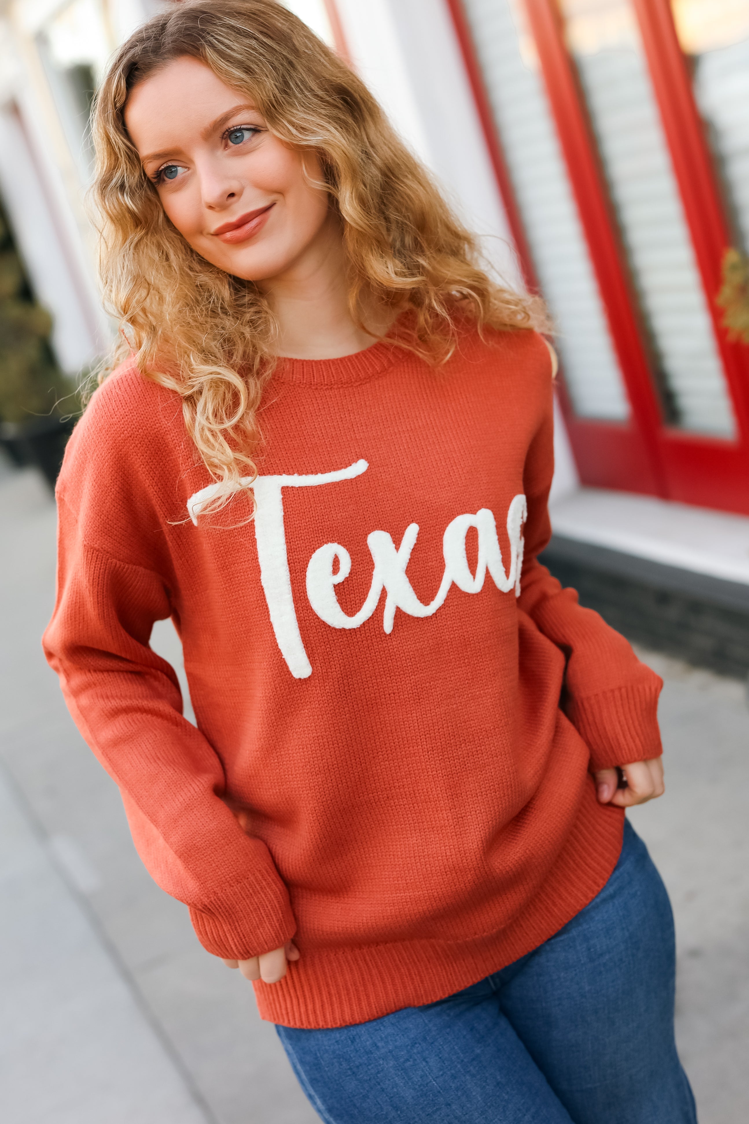 Maxct &Game Day Burnt Orange "Texas" Embroidery Pop Up Sweater