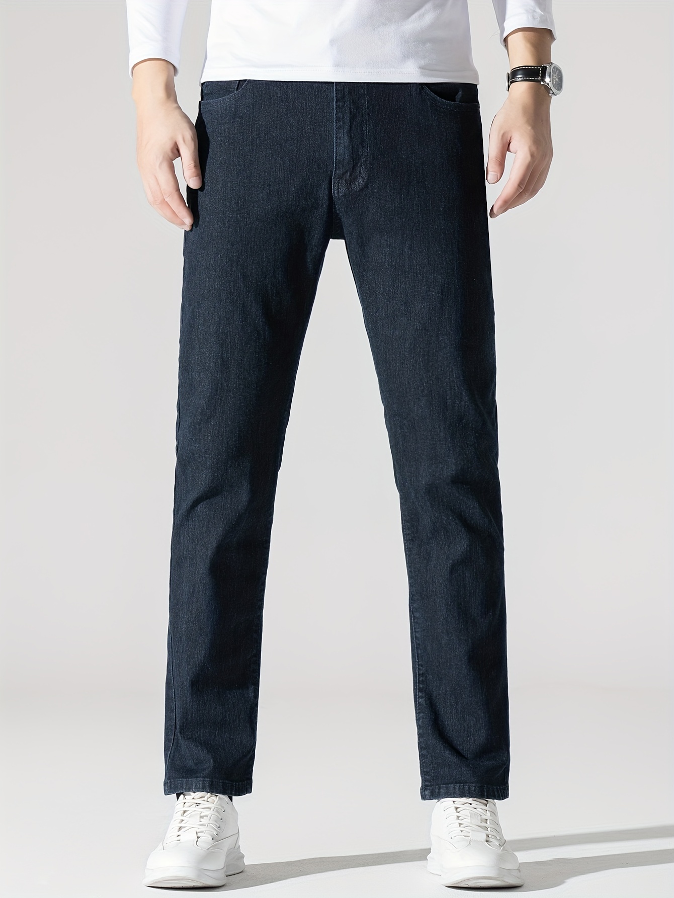 Men's High Stretch Jeans For Business, Slim Fit Denim Pants With Pockets For Spring Fall