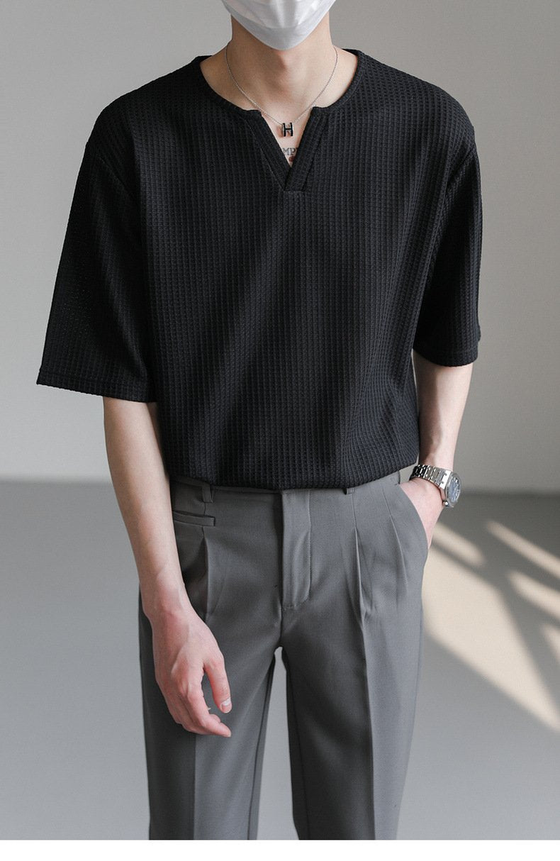 Maxct 90s Streetwear Summer New Korean Style Loose Small V-neck Short-sleeved T-shirt Men's Fashion Brand Wafflet High-end Sense Half-sleeved T-shirt Top