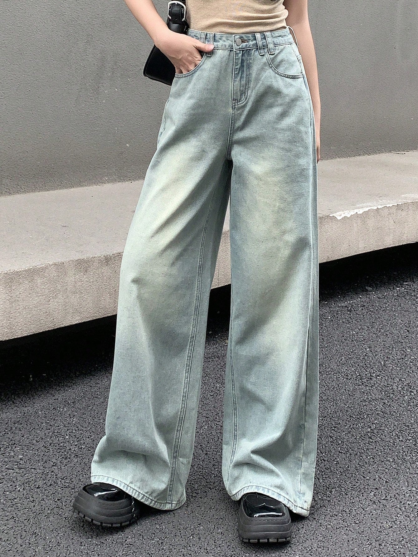 Maxct Women's Casual Loose Fit Wide Leg Seven-Point Denim Pants With Pockets