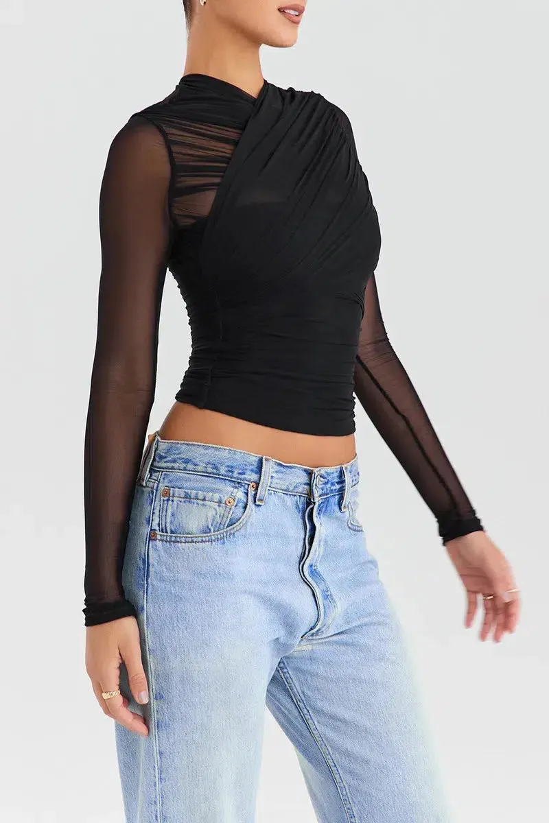 Maxct &Ruched Sheer Zip-Up Mesh Top