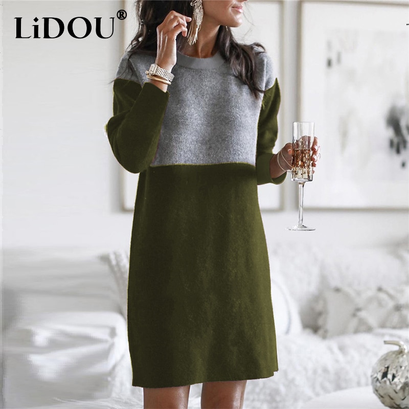 Maxct Autumn Winter Round Neck Vintage Patchwork Knitting Dress Women Loose Casual Straight Dresses Robe Femme Vestidos De Fiesta