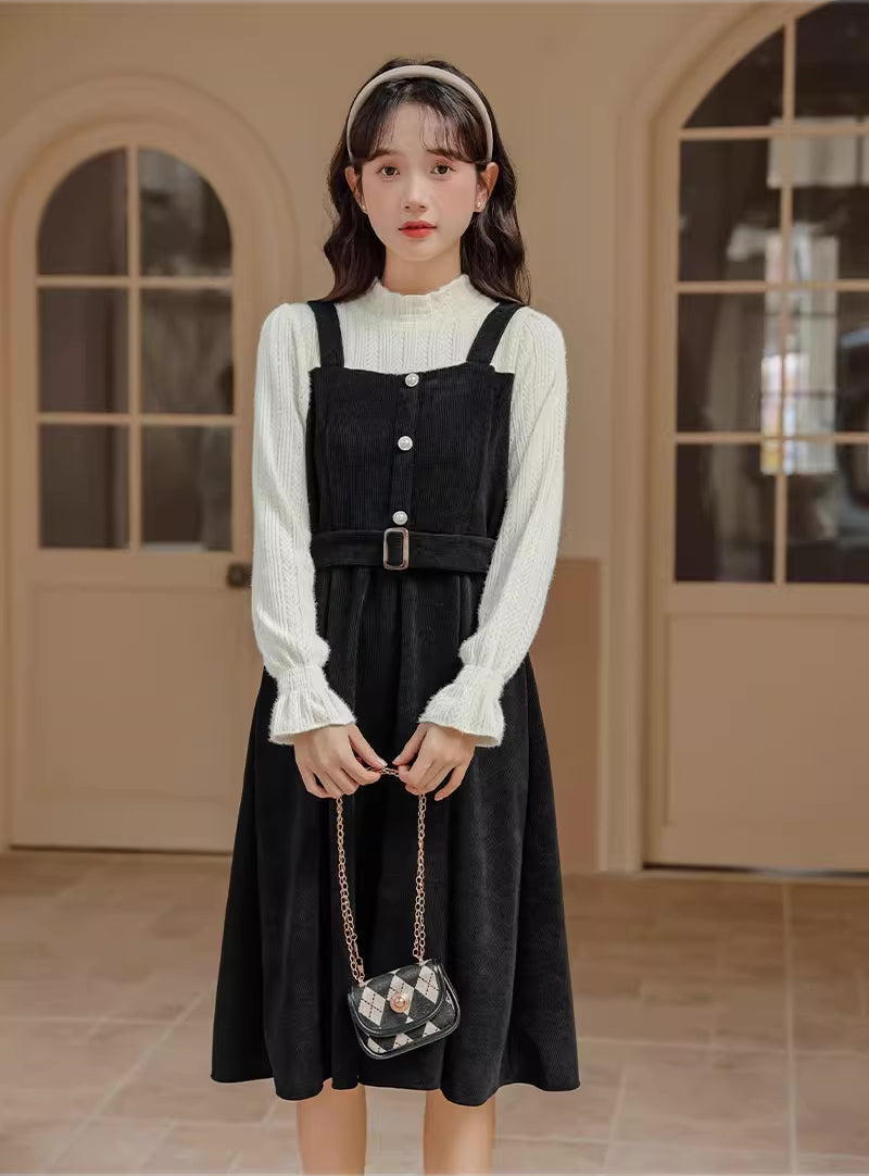 Corduroy Knit Belted Twofer Midi Dress Maxct