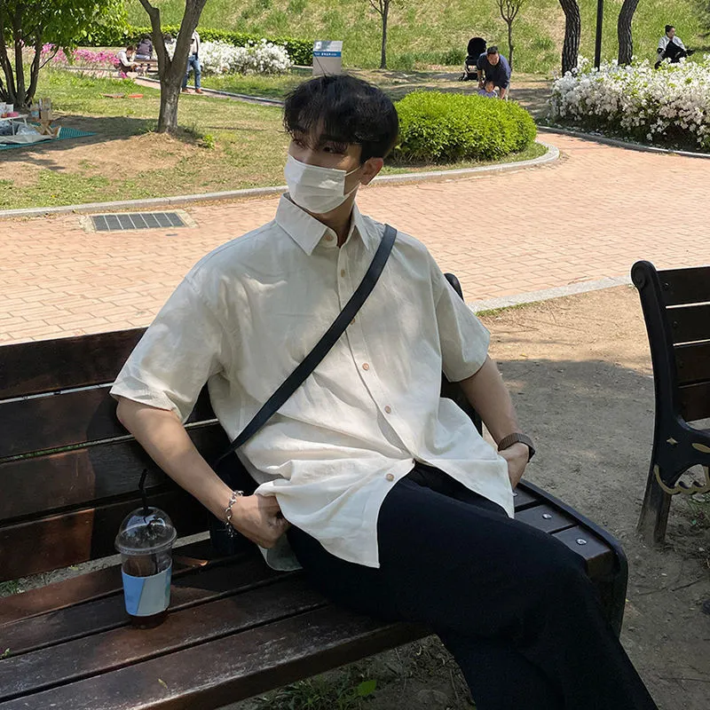 Maxct boy outfits Short Sleeve Shirt Men's Summer Japanese Loose Casual Lapel Solid Color Half Sleeve Shirt