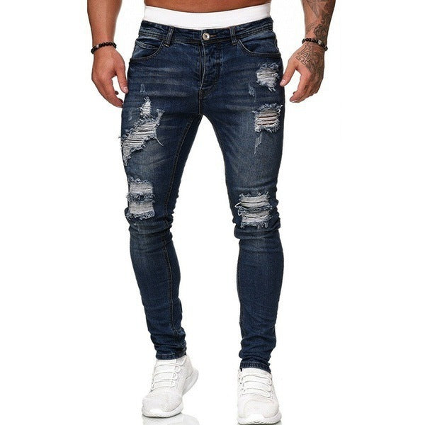Men's Casual Ripped Skinny Jeans, Chic Street Style Stretch Denim Pants