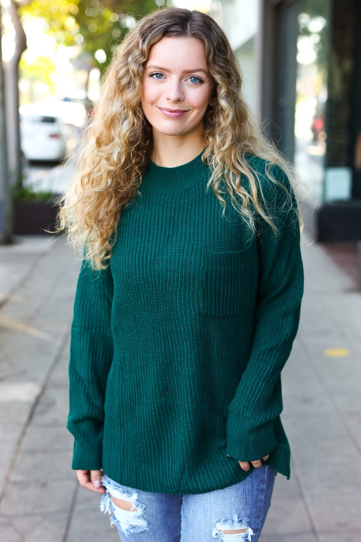 Maxct &Classy Chic Hunter Green Mock Neck Chest Pocket Knit Sweater