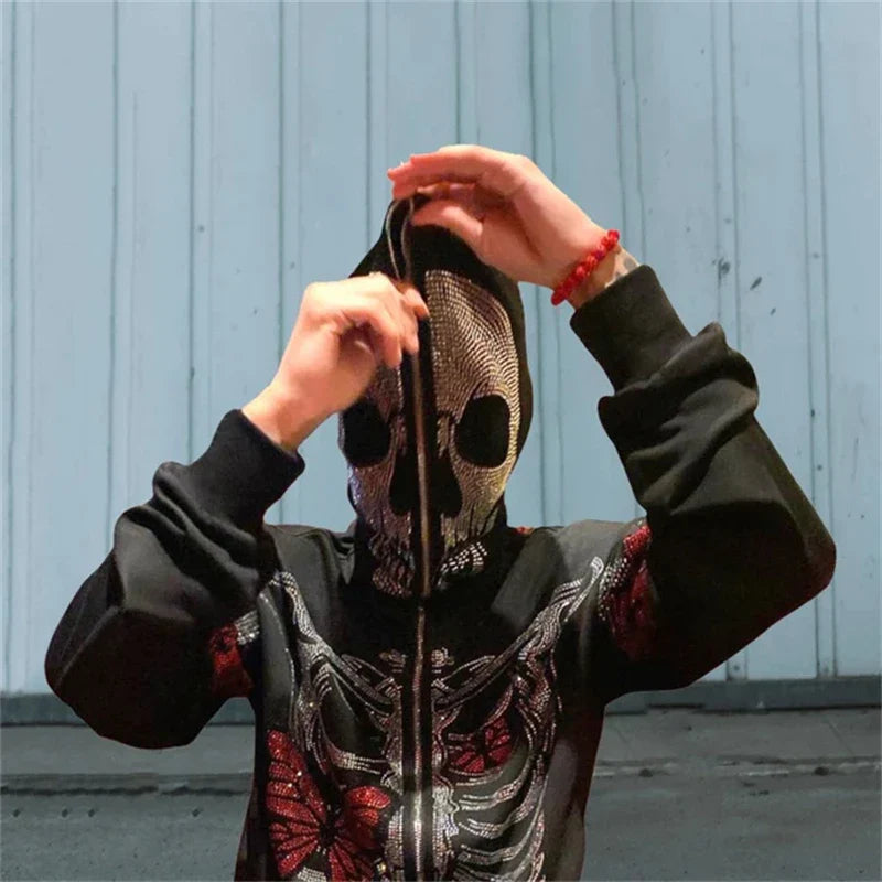 Unisex Rhinestone Skeleton & Butterfly Zip Hoodie