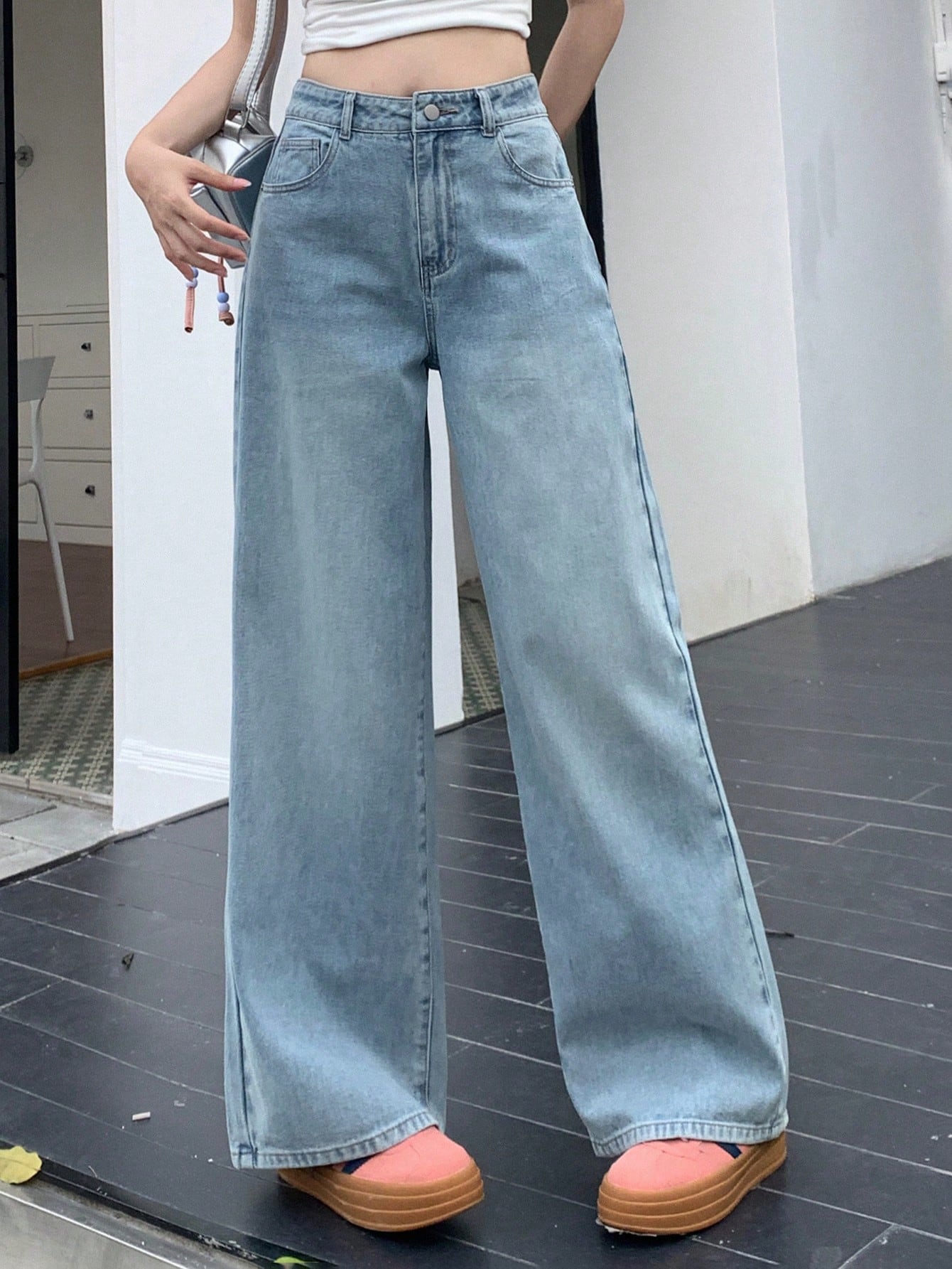 Maxct Women's Fashionable Wide-Leg Denim Pants, Solid Color, Loose Fit