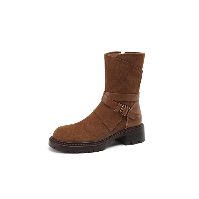 Womens Suede Mid Calf Boots for Winter Buckles Boots Maxct