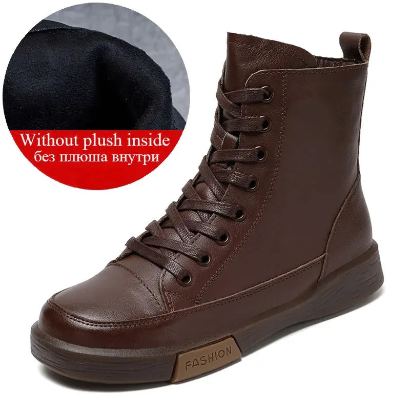 Handmade Retro Leather Ankle Boots Women's Winter Flats Maxct