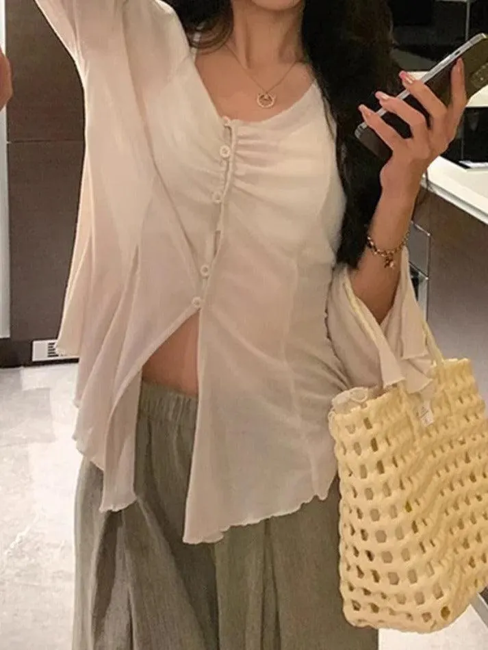 Maxct V Neck Split Flare Sleeve Long Sleeve Blouse