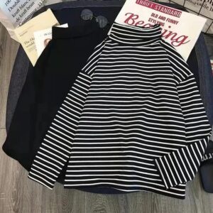 Maxct T-Shirts Women Long Sleeve Striped Solid Turtleneck Bottoming Shirt Korean Fashion All-Match Simple Loose Soft Tops New