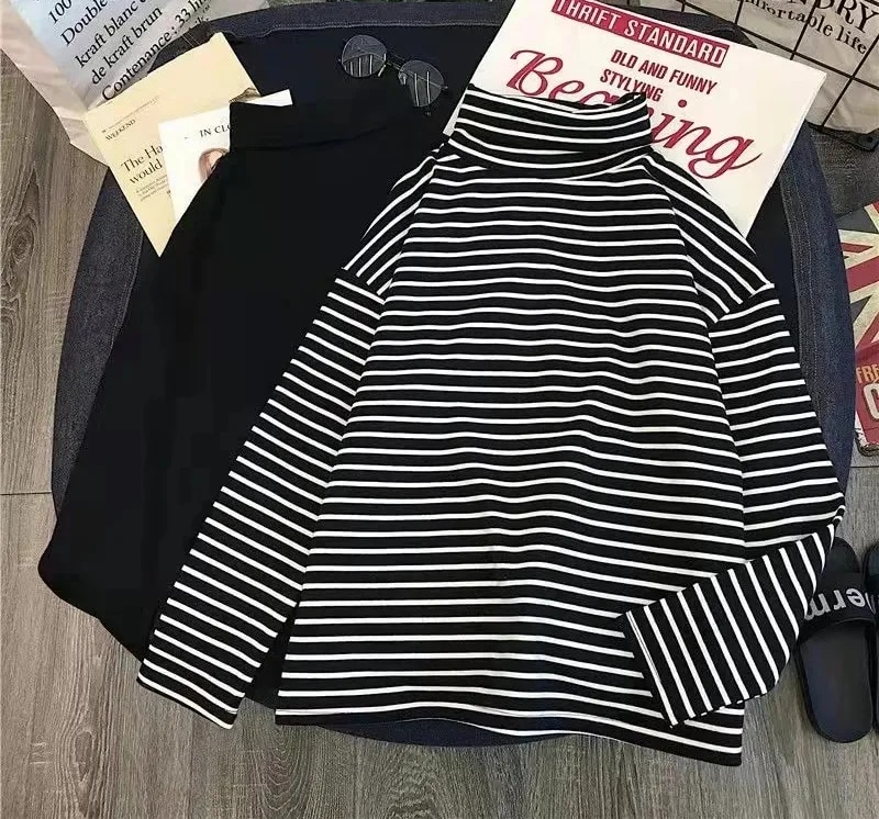 Maxct T-Shirts Women Long Sleeve Striped Solid Turtleneck Bottoming Shirt Korean Fashion All-Match Simple Loose Soft Tops New