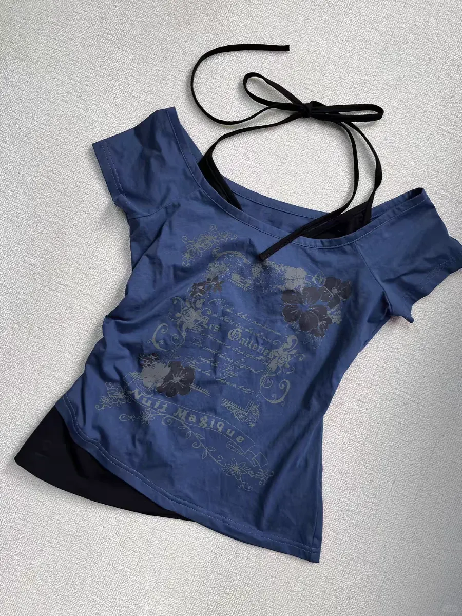 Retro Millennium Blue Fake Two Piece Halter Neck Letter Print T-Shirt Women Fashion Street Hot Girl Slim Fit Casual Y2K Top