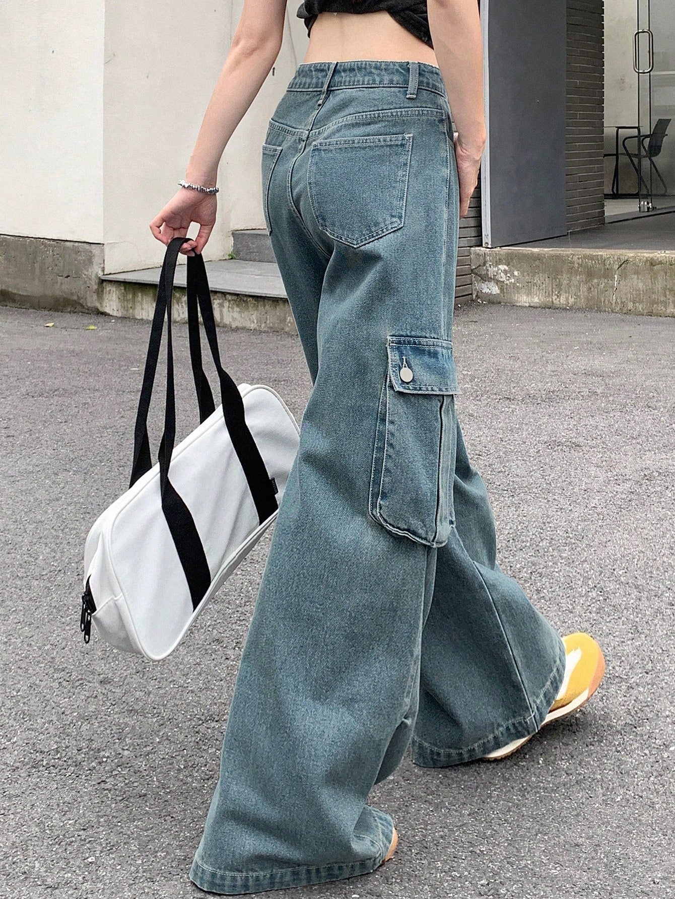 Maxct Women's Wide Leg Denim Pants Loose Fit Cargo Jeans With Pockets