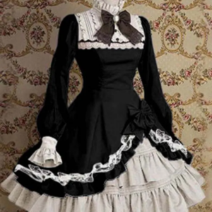 Maxct Japanese Style Women Gothic Cosplay Dresses High Waist Contrast-Color Ruffled Sweet Lolita Dress Kawaii Clothing