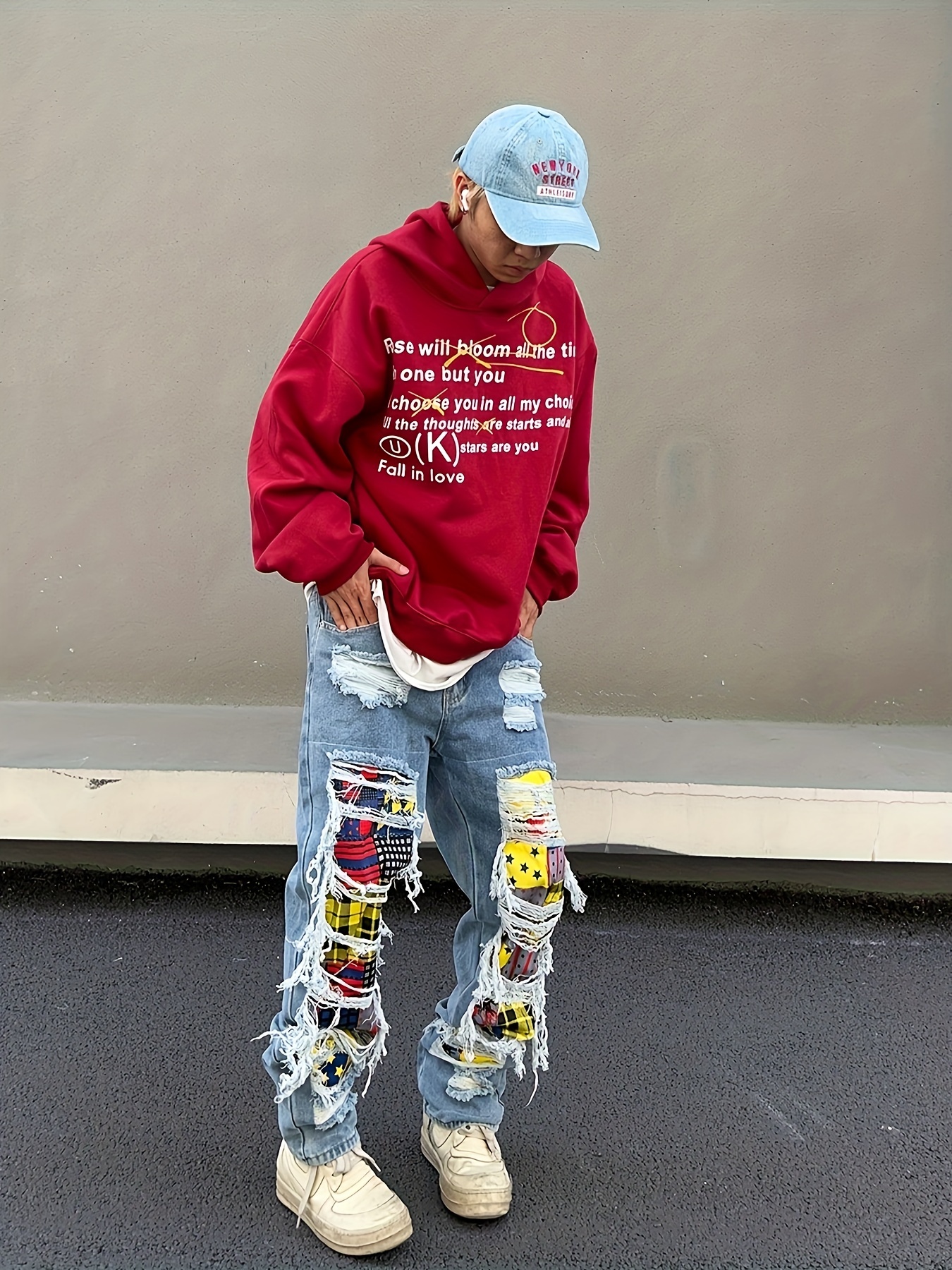 Loose Fit Patchwork Jeans, Men's Casual Street Style Wide Leg Pants With Creative Tassels