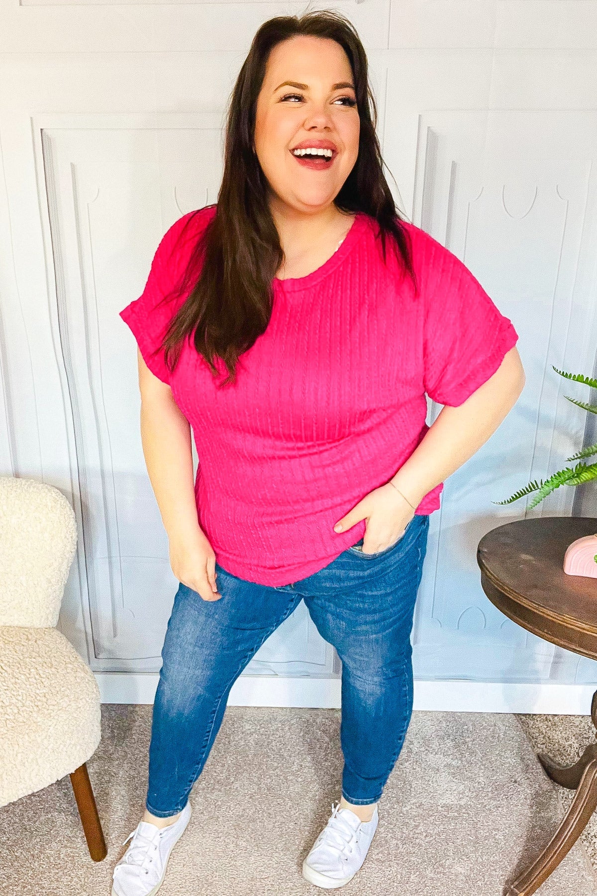 Maxct &Be Your Best Fuchsia Cable Knit Dolman Short Sleeve Sweater Top