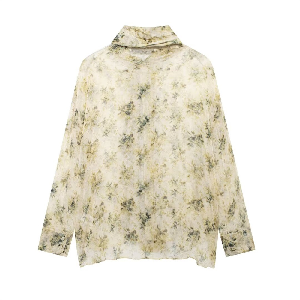 Autumn New Product Women's Casual Versatile Loose Bow Tie Decoration Printed Long Sleeve Shirt Top