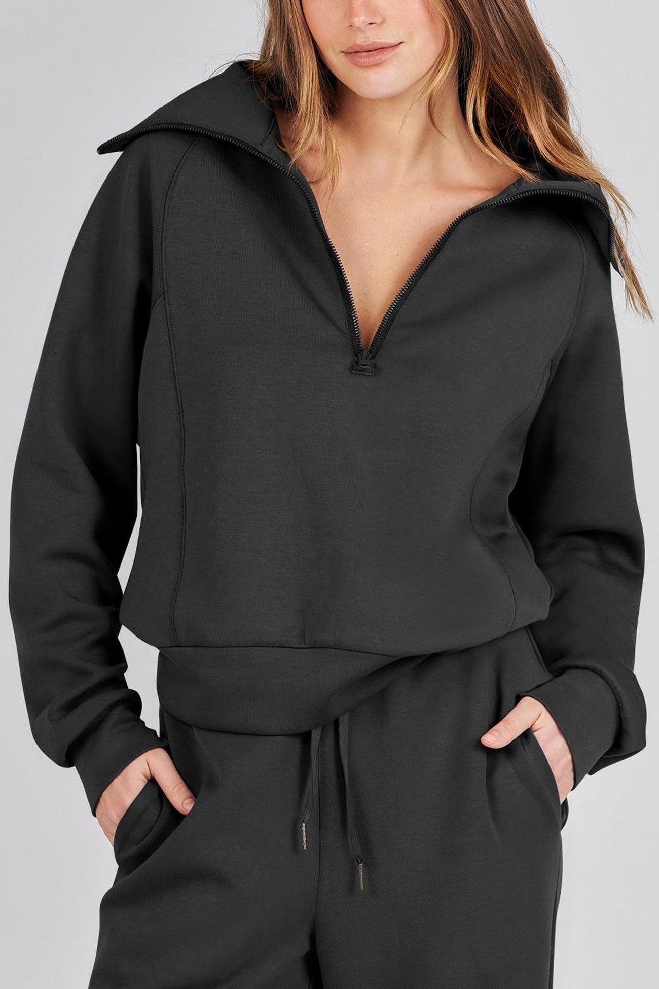 Maxct Lapel Zip-up Sweatshirt Wide Leg Long Pants Set