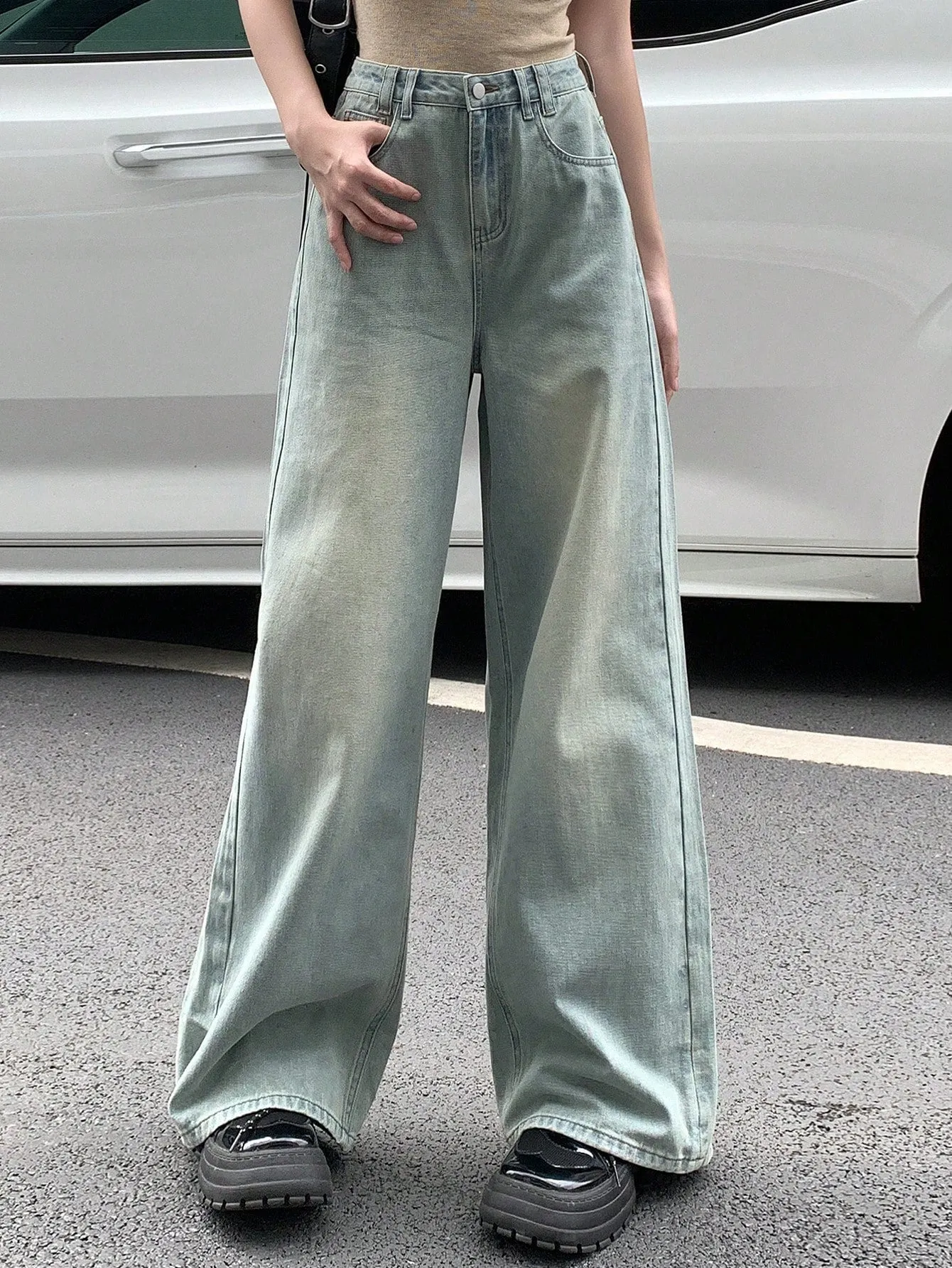 Maxct Women's Casual Loose Fit Wide Leg Seven-Point Denim Pants With Pockets