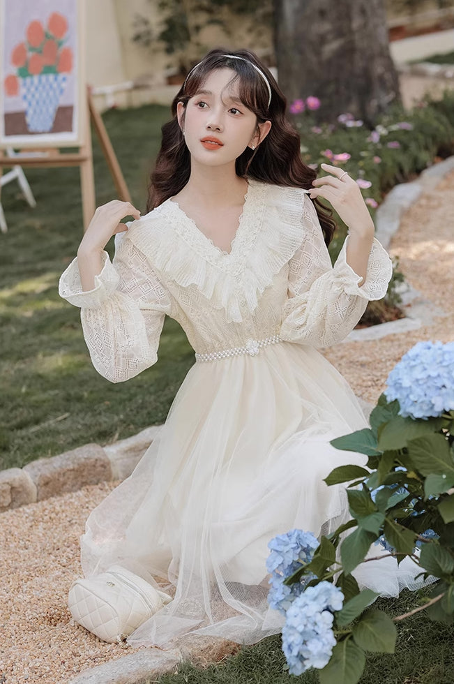 V-Neck Lace & Tulle Midi Dress Maxct