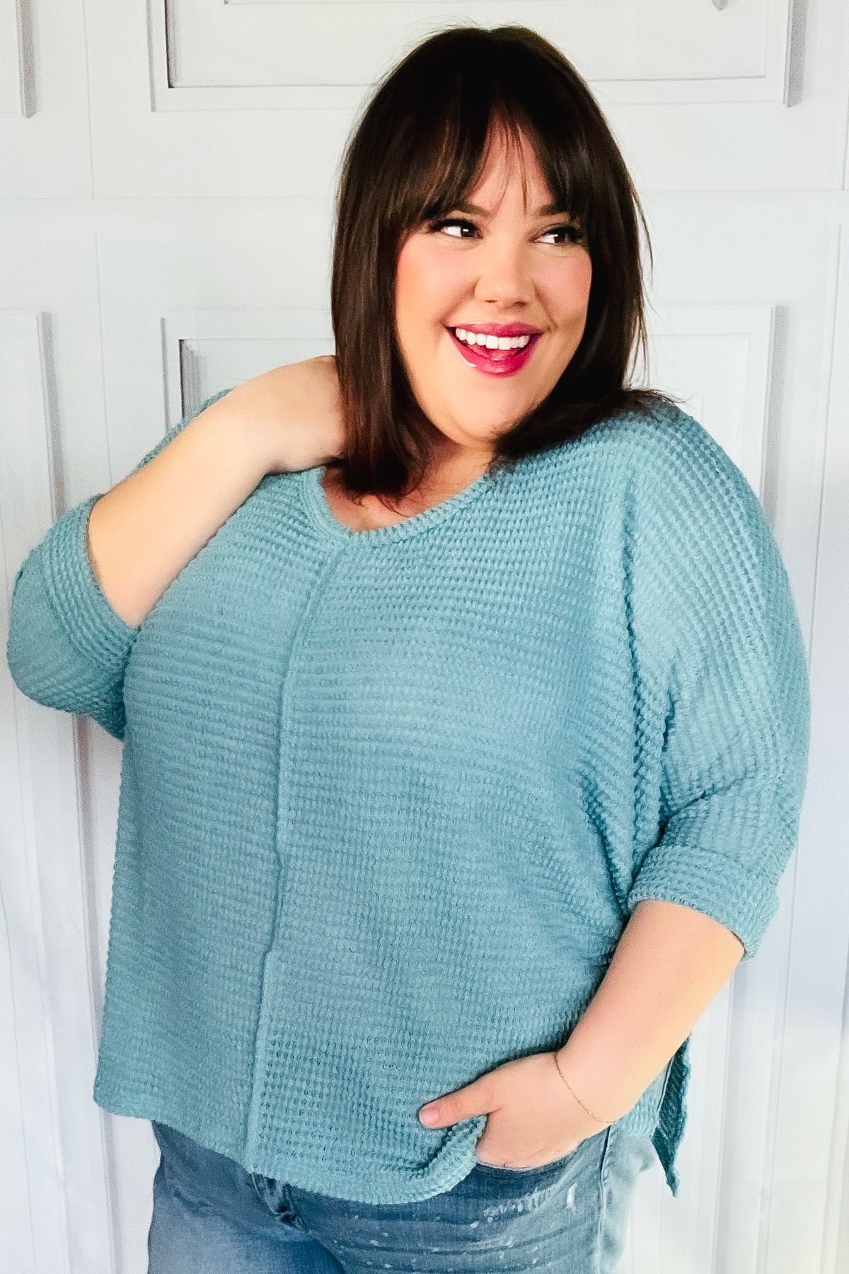 Maxct &Just My Type Dusty Teal Jacquard Hi-Low V Neck Sweater