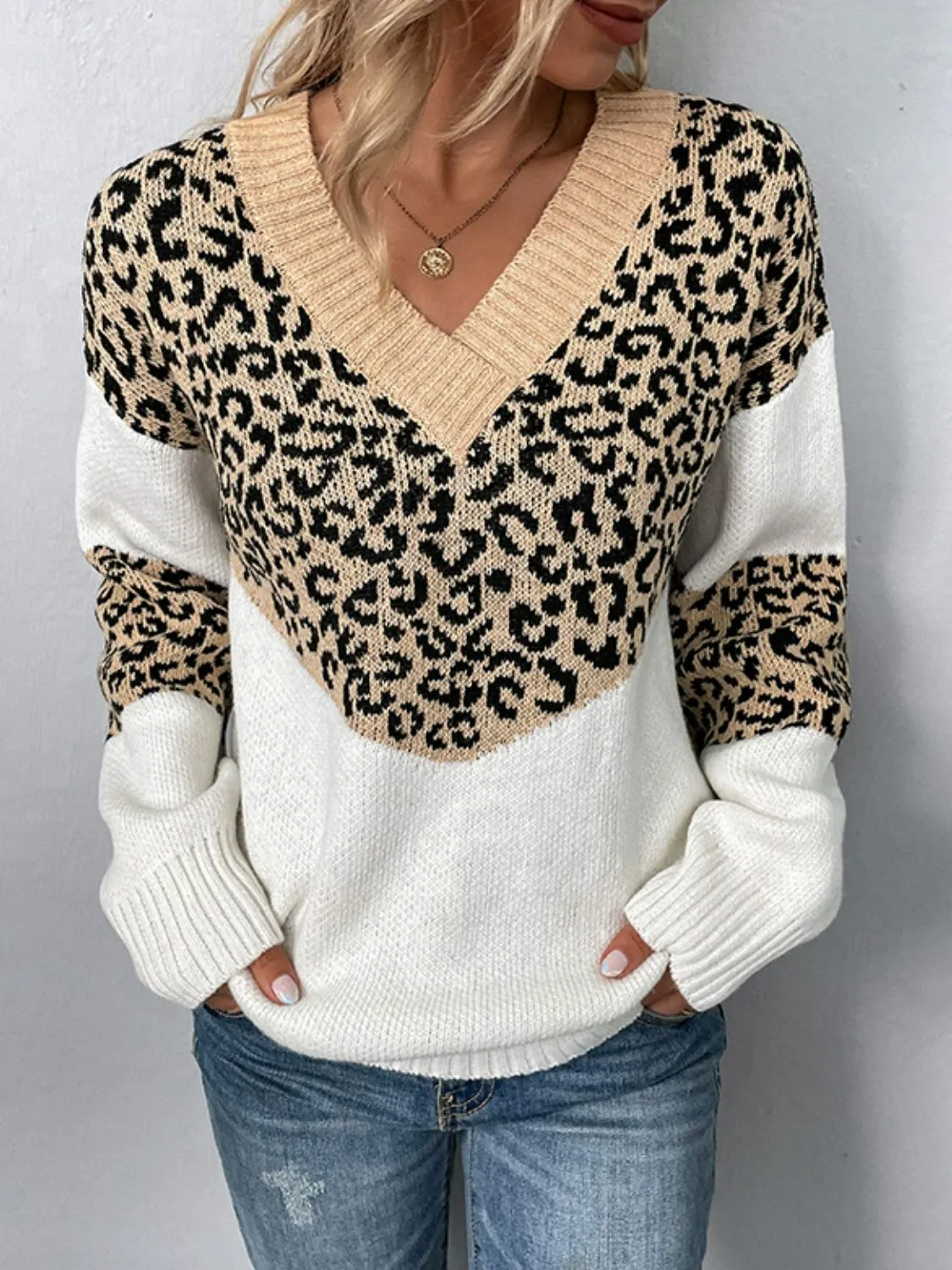 Maxct &Leopard V-Neck Dropped Shoulder Sweater