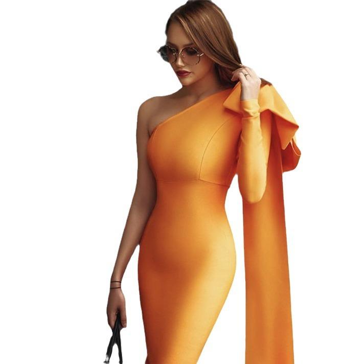 Maxct High-end Women's Rich And Golden Style Bandage Dress Three-dimensional Big Bow Shoulder Waisted Dinner Cocktail Dress