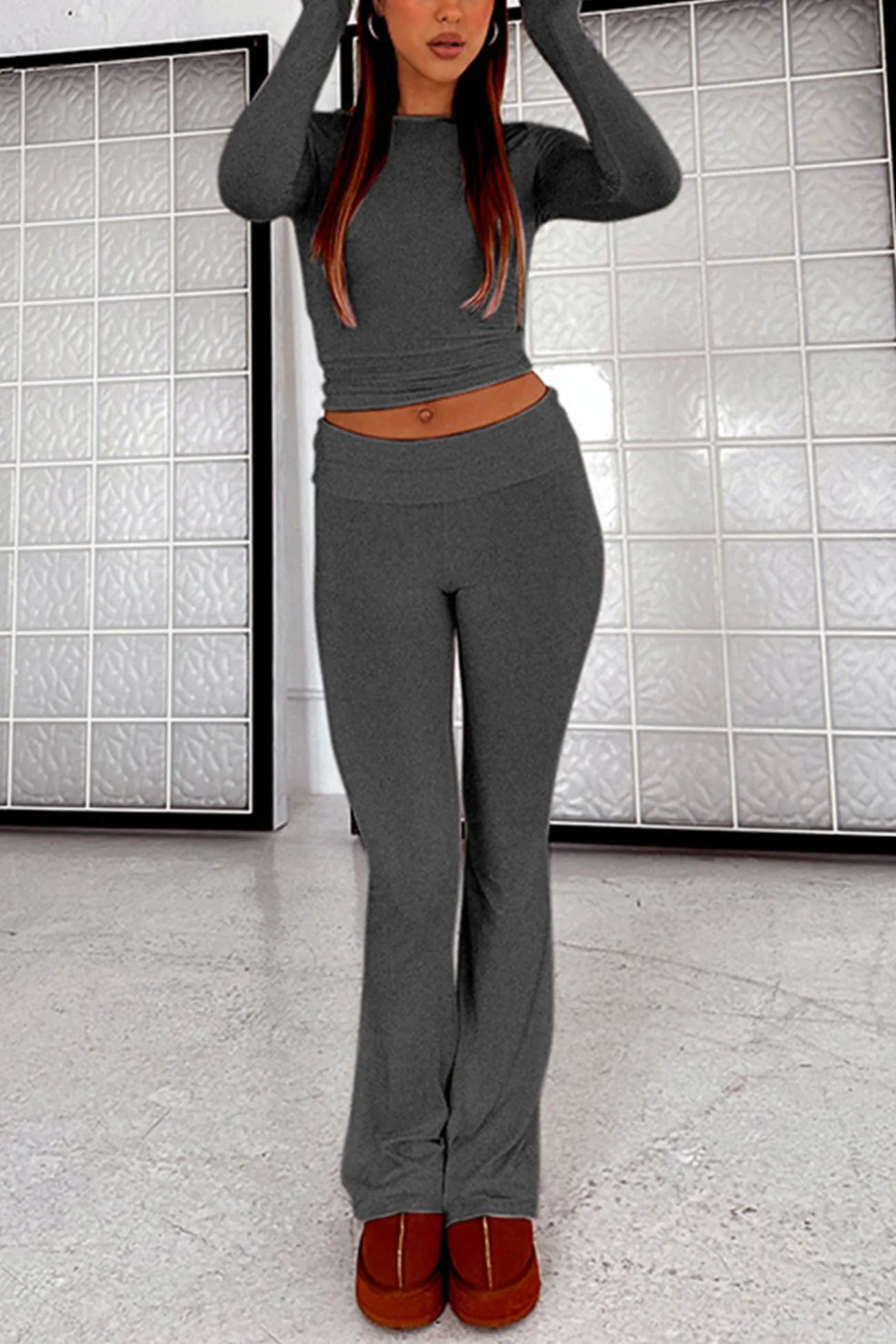 Maxct Solid Crop Top Flares Long Pants Set
