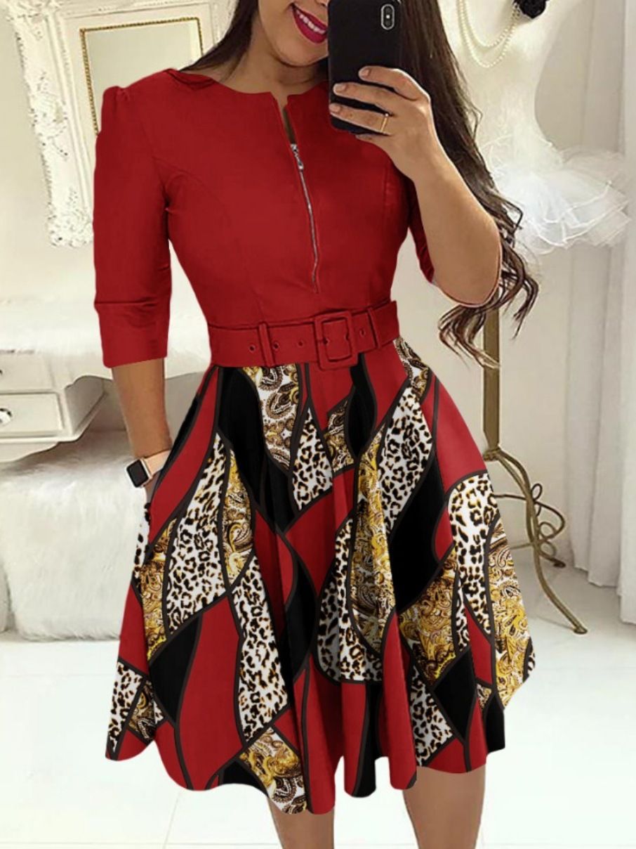 Women's Printed Belted Fit-and-Flare Dress