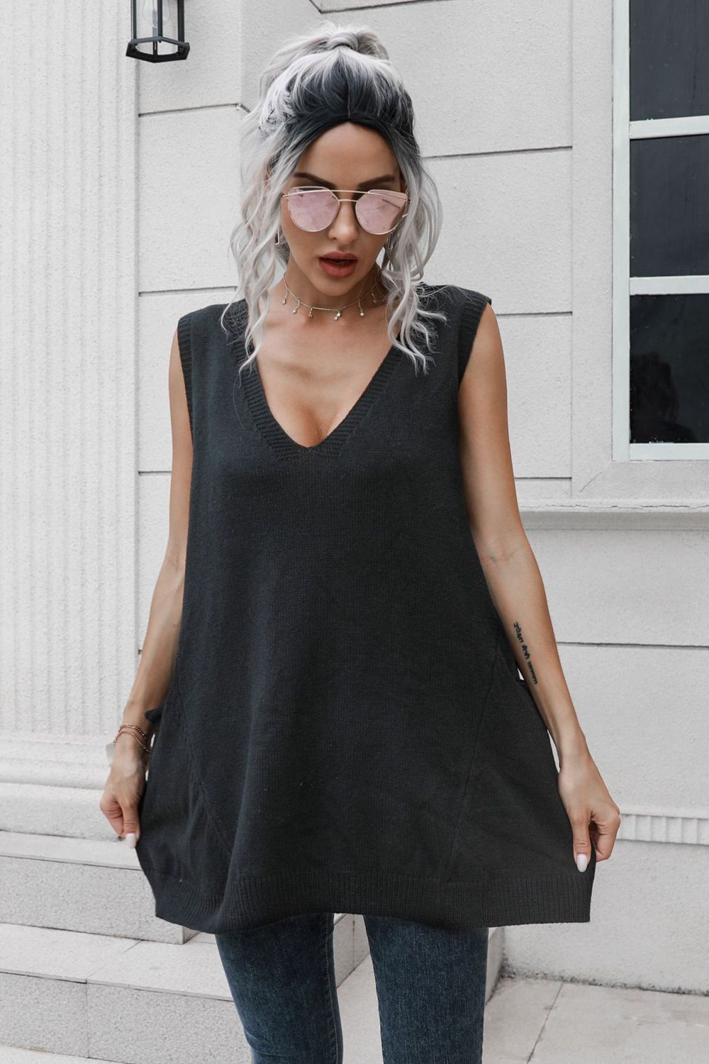 Maxct &V-Neck Sleeveless Sweater Vest with Pocket
