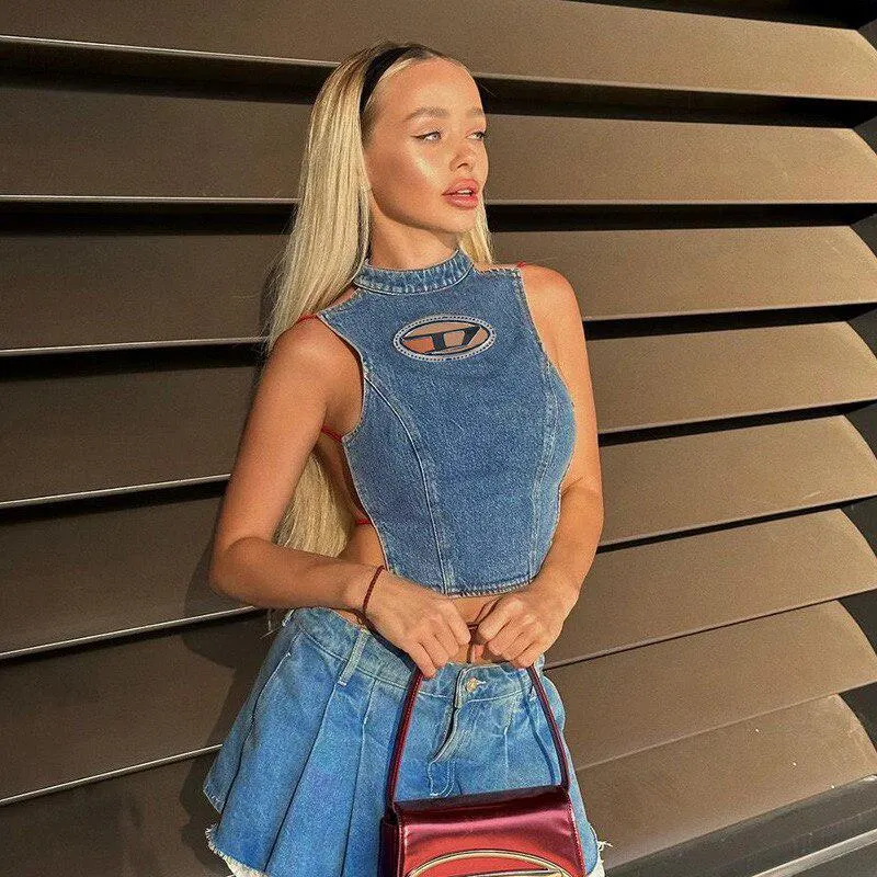 Maxct &Cowgirl Denim Halter Corset Top
