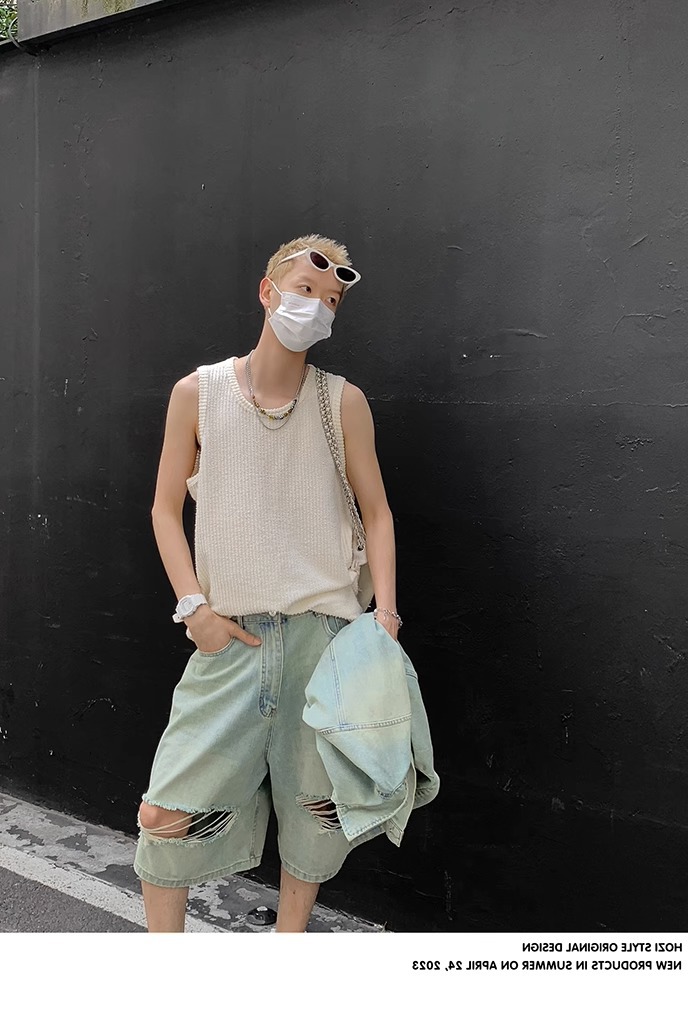 90s Streetwear Solid Color Simple Vertical Stripe Niche Retro Round Neck Vest Men's Summer New Casual All-match Sleeveless T-shirt