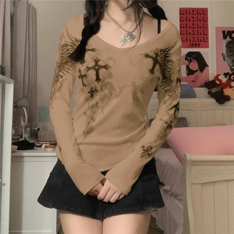 Maxct Mall Goth 2000s Retro Pullovers Tops Vintage Graphics Y2K Loose T Shirt Chic Aesthetic Autumn Long Sleeve Tees Grunge Streetwear