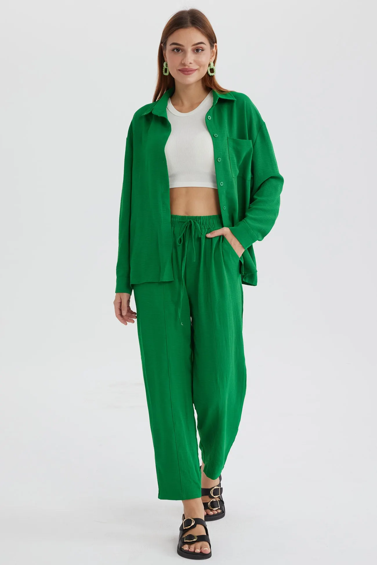 Maxct Long Sleeve Solid Color Shirt Long Pants Set - Image 33