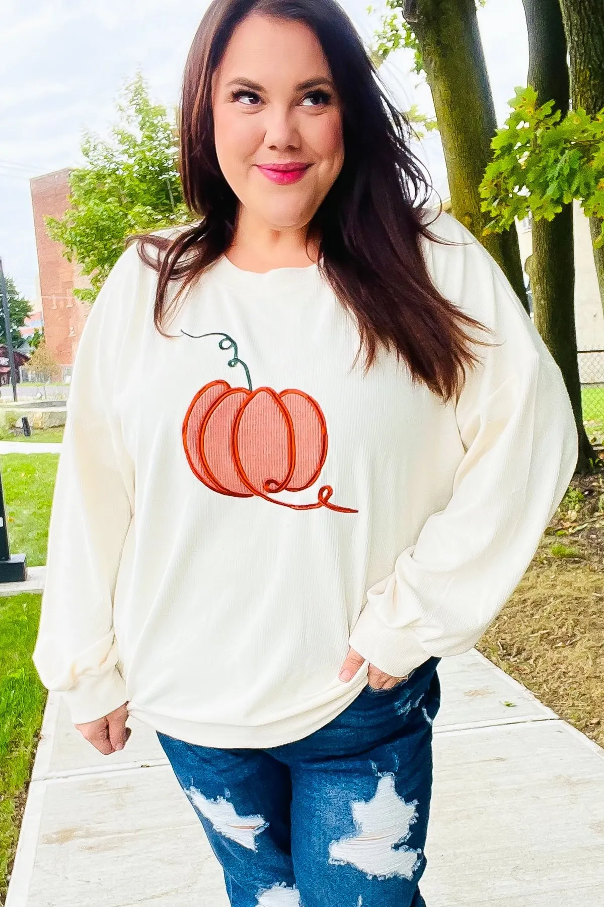 Maxct &Halloween Lovely Ivory Embroidered Pumpkin Knit Sweater