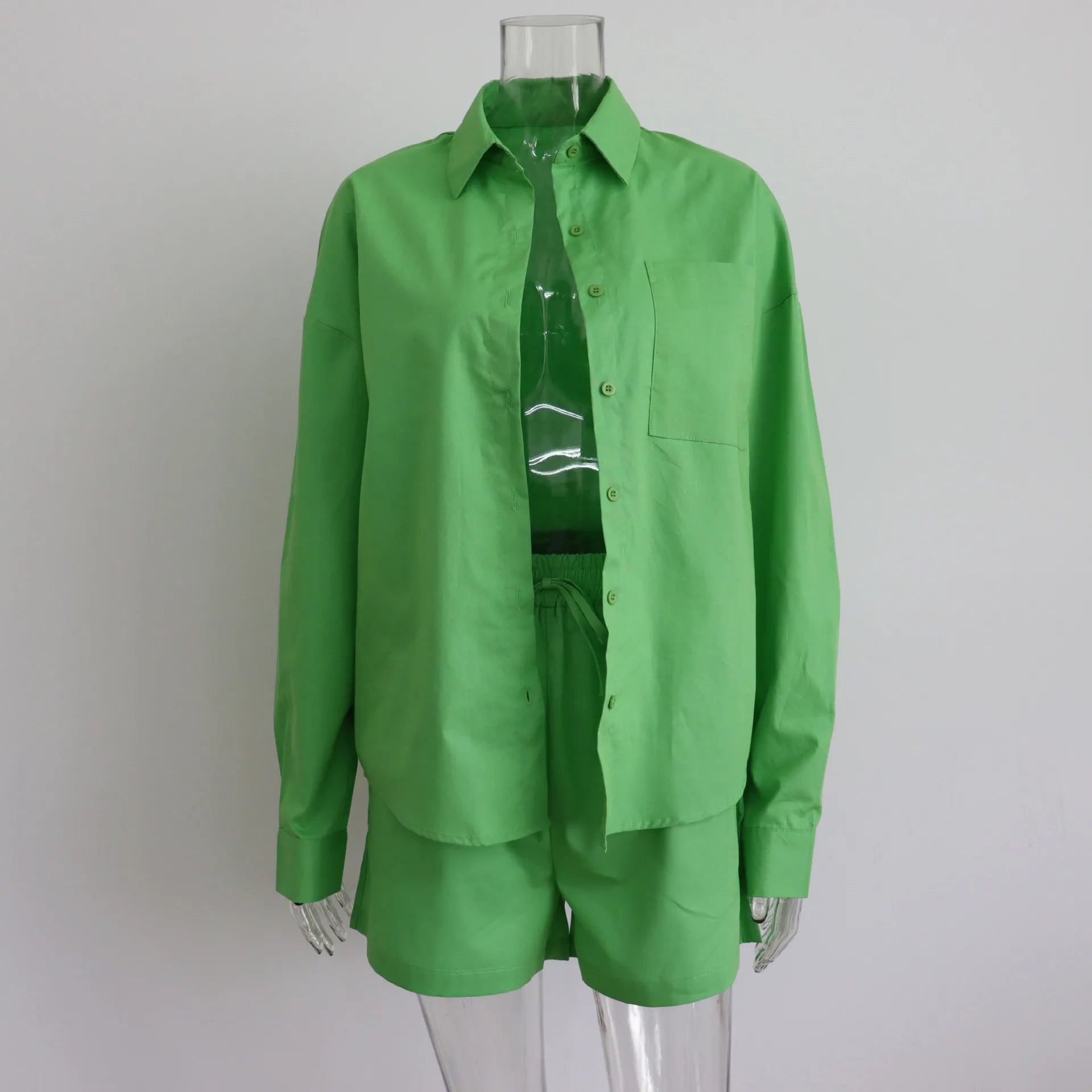 Maxct-Solid Short Sleeve Shirt Drawstring Shorts Suits