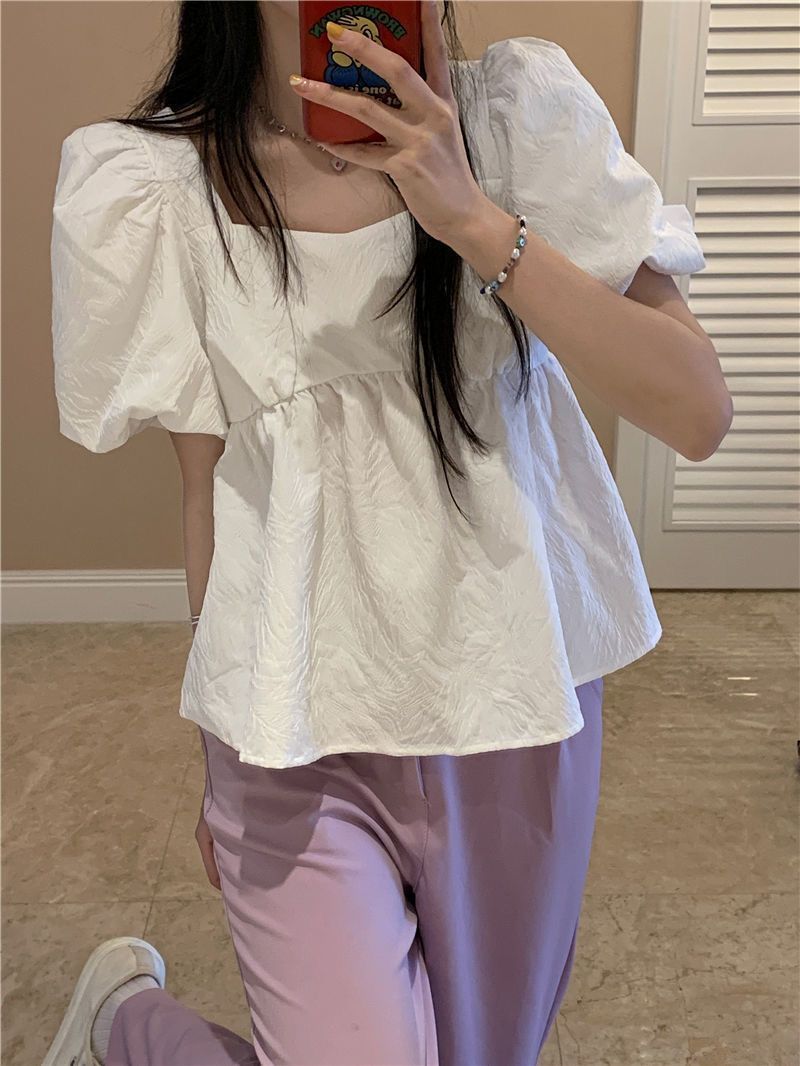 Blouses Women Square Collar Sweet Loose French Style Puff Sleeve Chic Ruffles Simple Ulzzang Solid Fashion Temper Student Summer