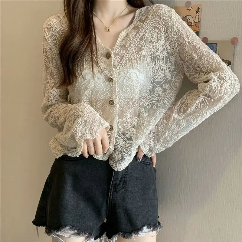 Maxct See Through Shirt Women Lace Blouse Summer Sun-Proof Sweet Sheer Tops Preppy V-Neck Casual Trendy Harajuku Basic Korean Blouse