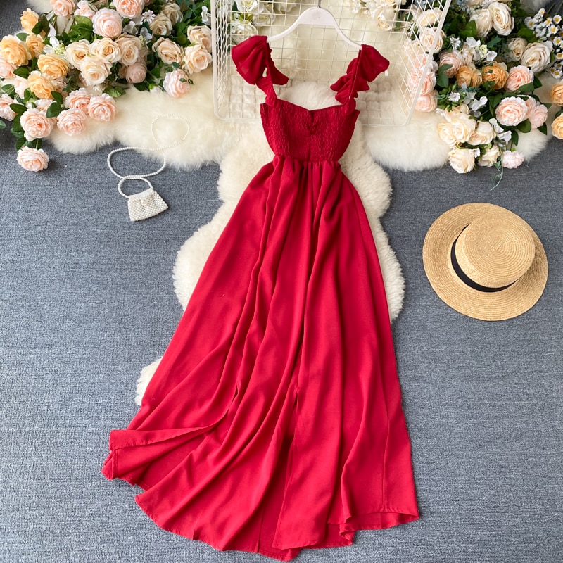 High Waist Slash Neck Women Long Dress Elegant Big Swing A-line Vestidos Verano Vintage Green/Red Party Robe For Female