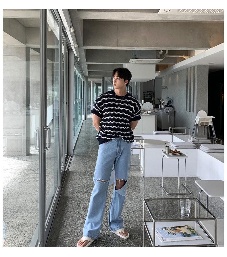 Maxct 90s Streetwear Men's T-shirt Short-sleeved Summer Trendy Brand High-grade Sense Heavy Industry Hollow Knitted Sweater Jacquard Wave Striped T-shirt Top