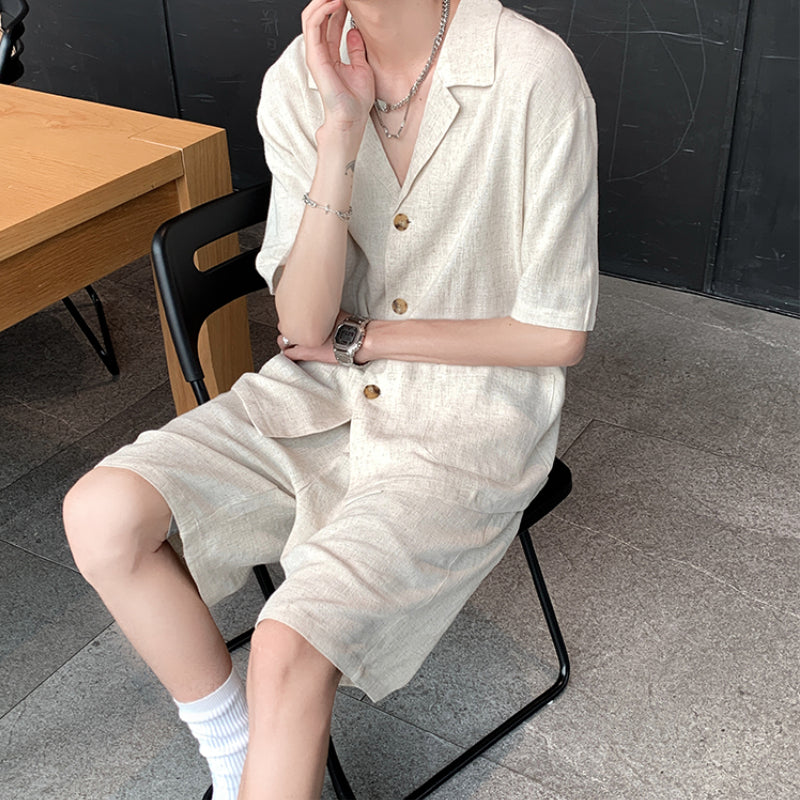 Maxct Vintage Cotton Linen Shirt Shorts Two-Piece Set