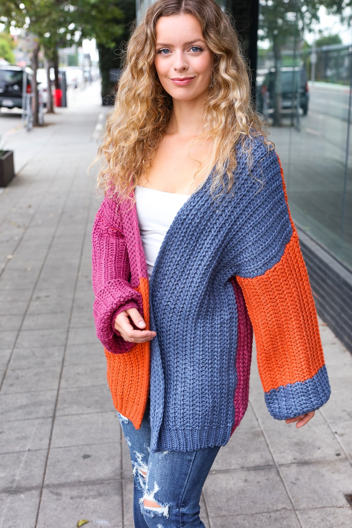 Maxct &Dazzle In Magenta & Navy Chunky Knit Color Block Cardigan