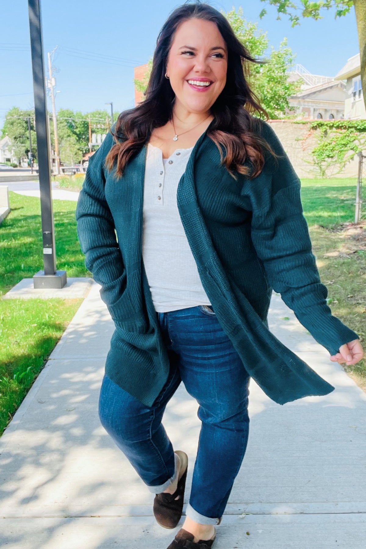Maxct &Everyday Hunter Green Striped Knit Open Cardigan