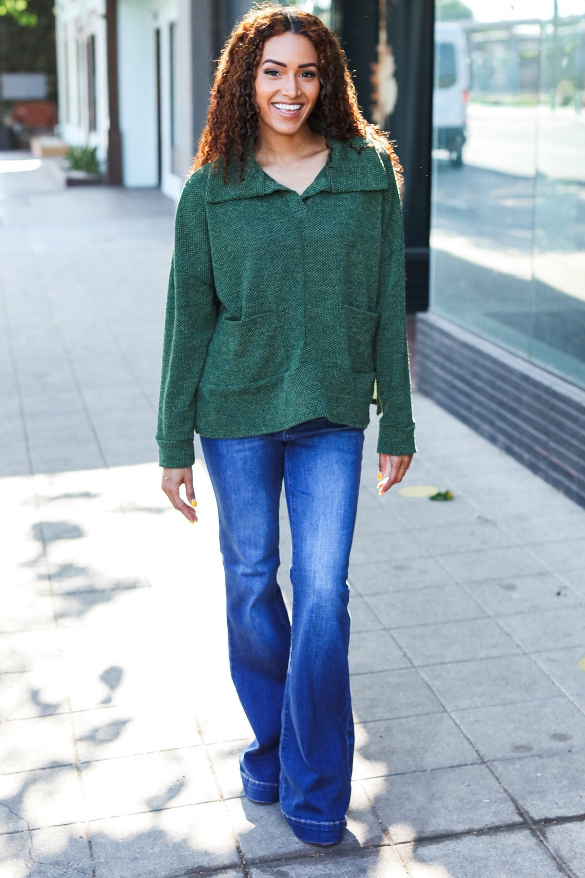 Maxct &Easy Living Olive Textured Knit Notch Neck Oversized Collar Sweater
