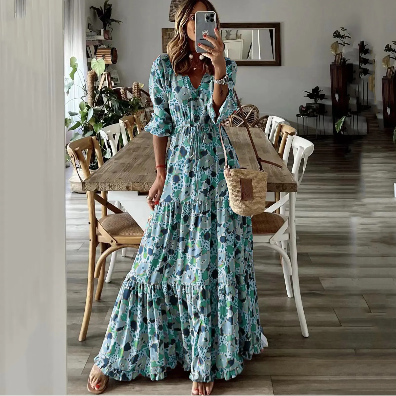 Maxct Maxct Summer New Women's Wear Temperament Holiday V Collar Print Large Place Long Dress