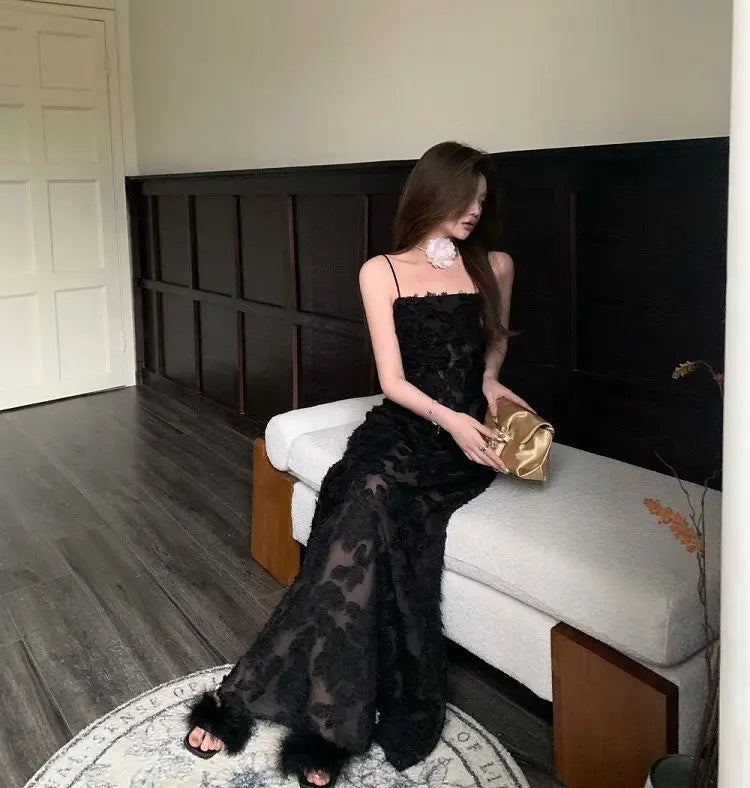 Voguable Black Party Midi Dress See-through Strap Y2k Dress FeLace Chic Korean Slim Vintage Dress New Maxct