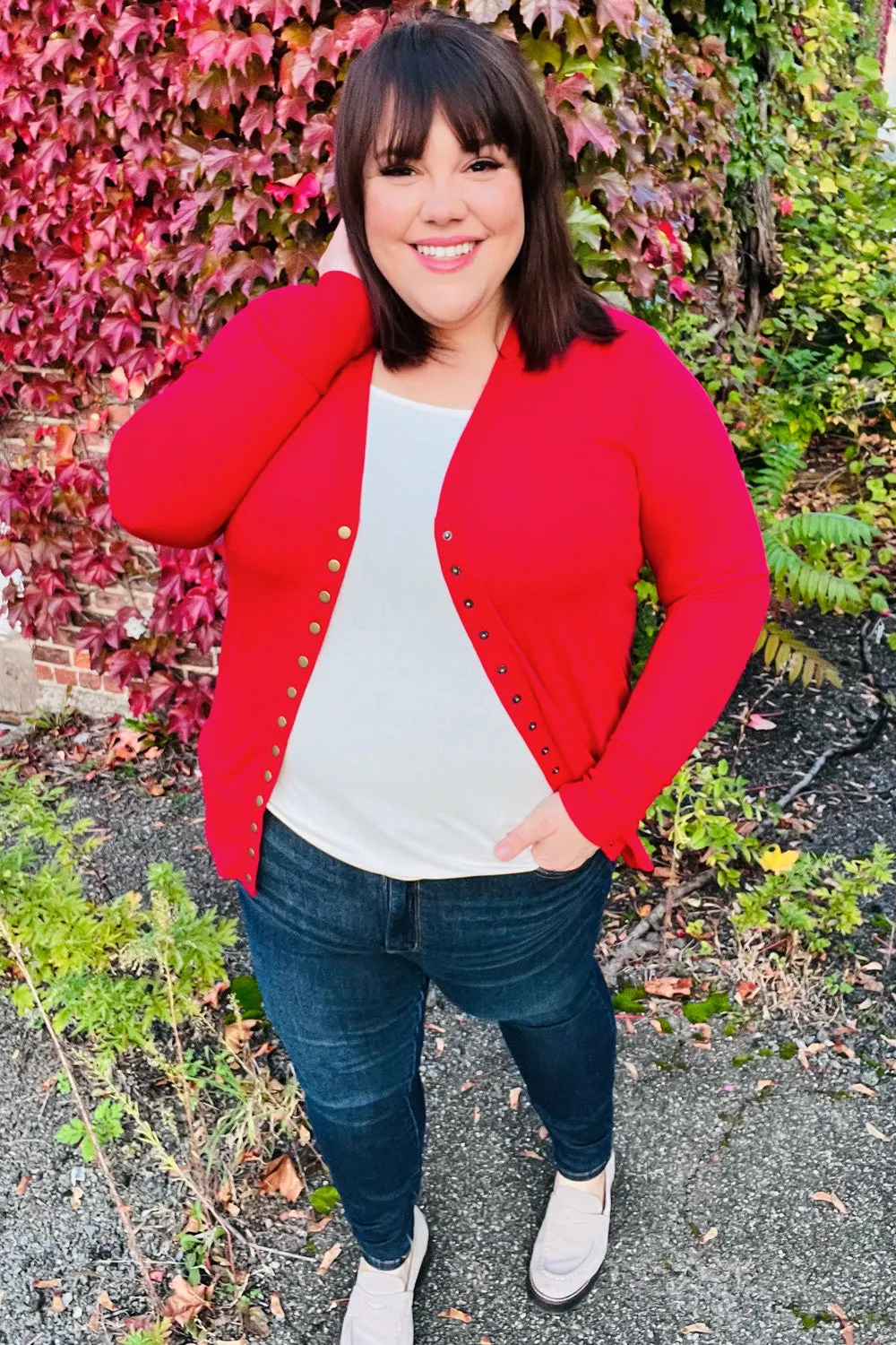 Maxct &Day On The Town Red Snap Button Rib Cardigan